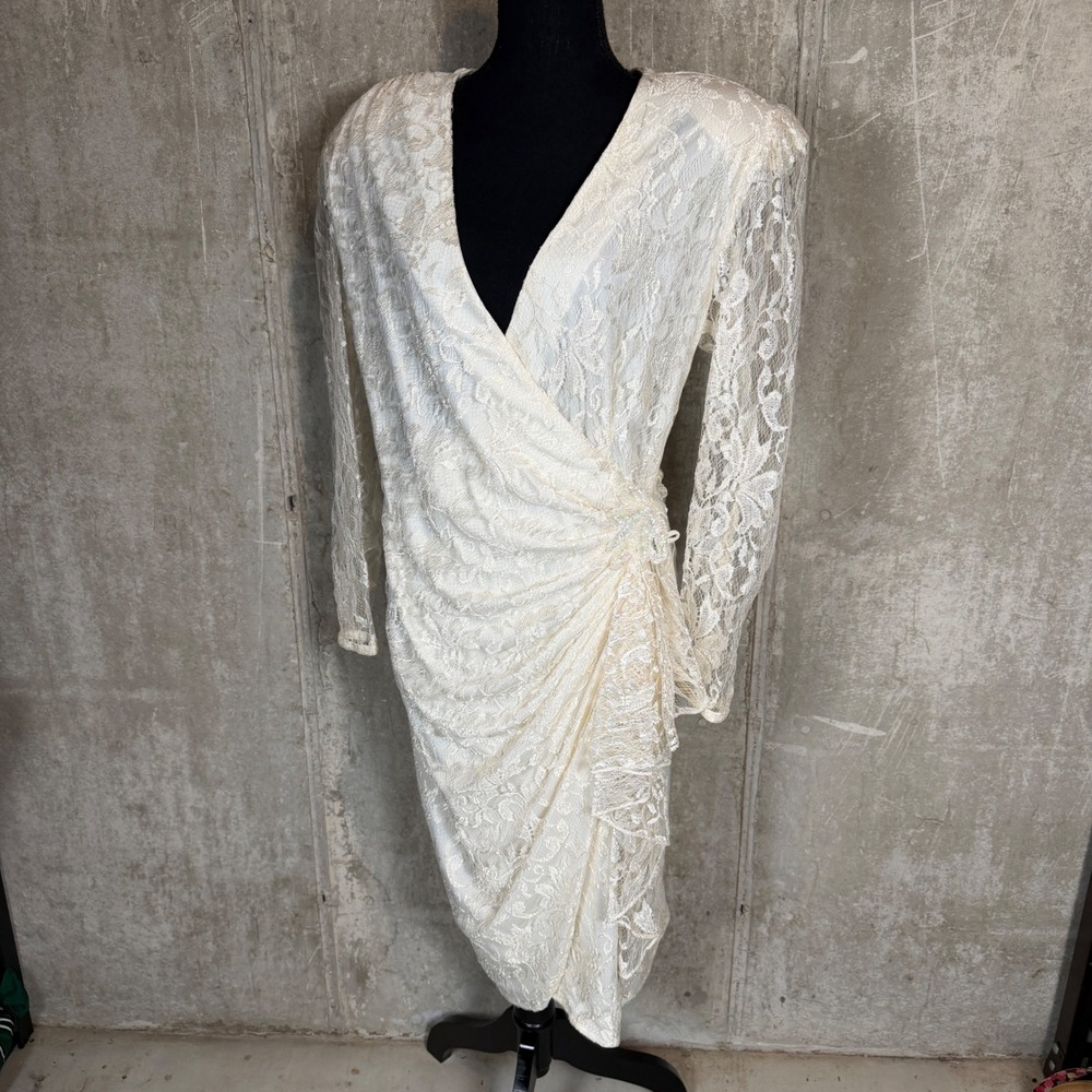 Filigree‎ Vintage 80s Ivory Lace Wrap bridal wedding Dress Padded Shoulder 14